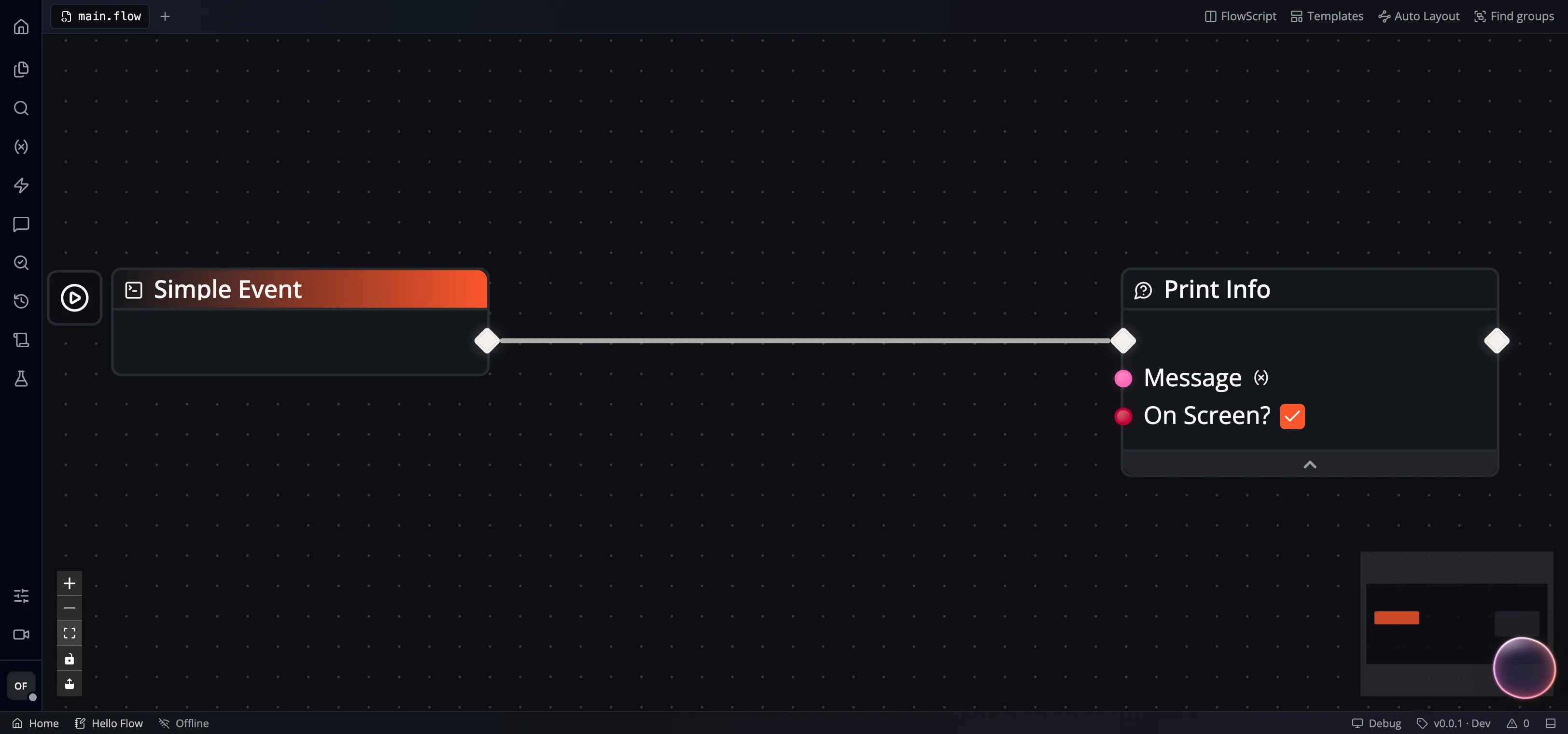 Simple Event connected to Print Info with On Screen enabled in Hello Flow