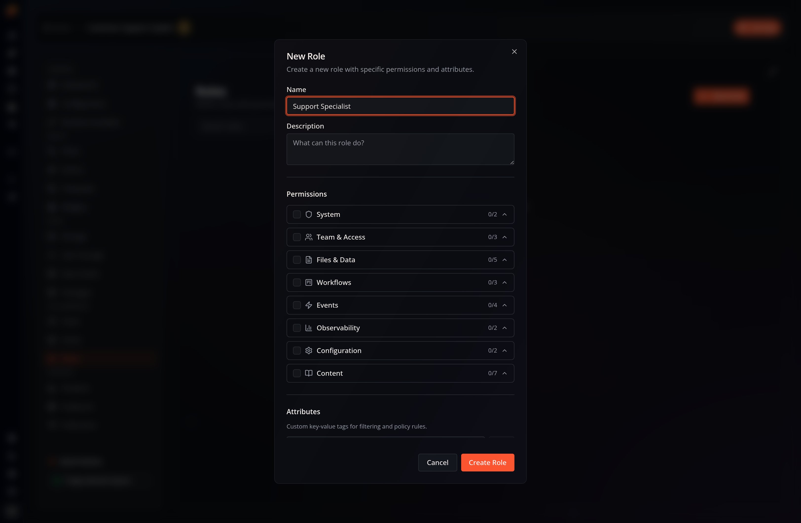 The Roles page in Flow-Like Desktop with the dialog for creating a role and assigning permissions