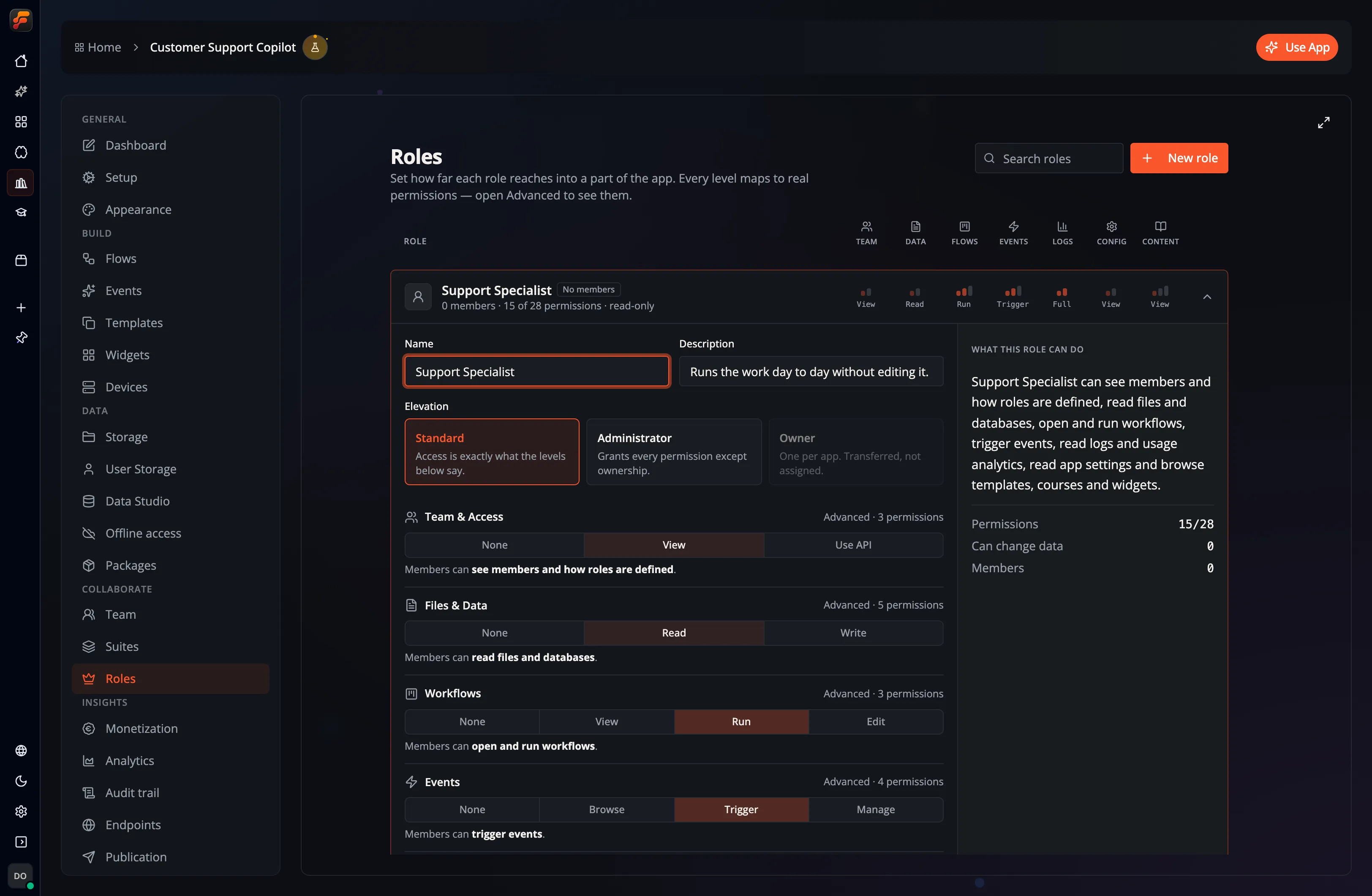 The Roles page with an expanded role and permission levels for team access, data, workflows, and Events