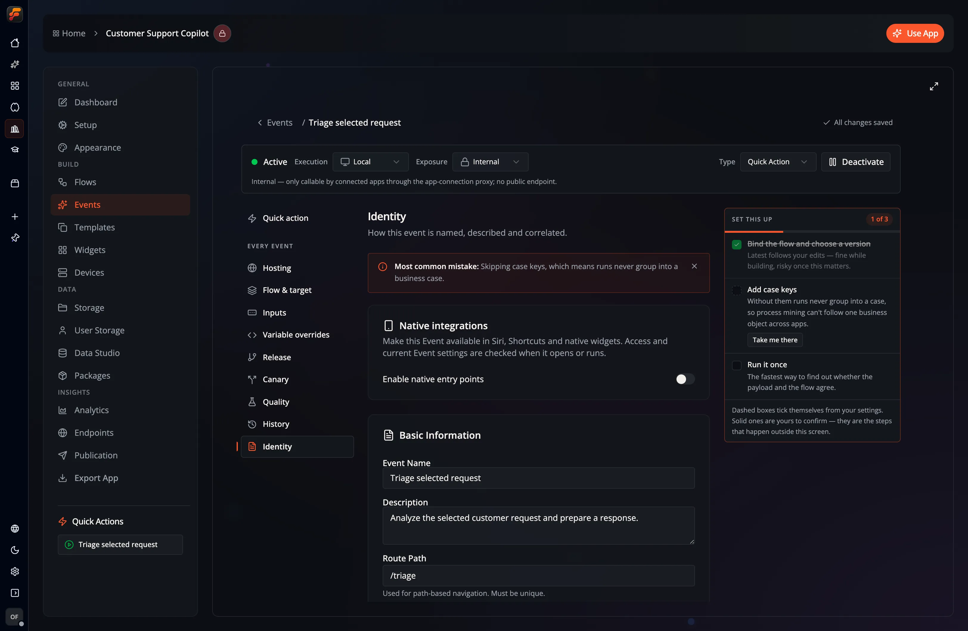 The Route Path field while editing a UI Event in Flow-Like Desktop