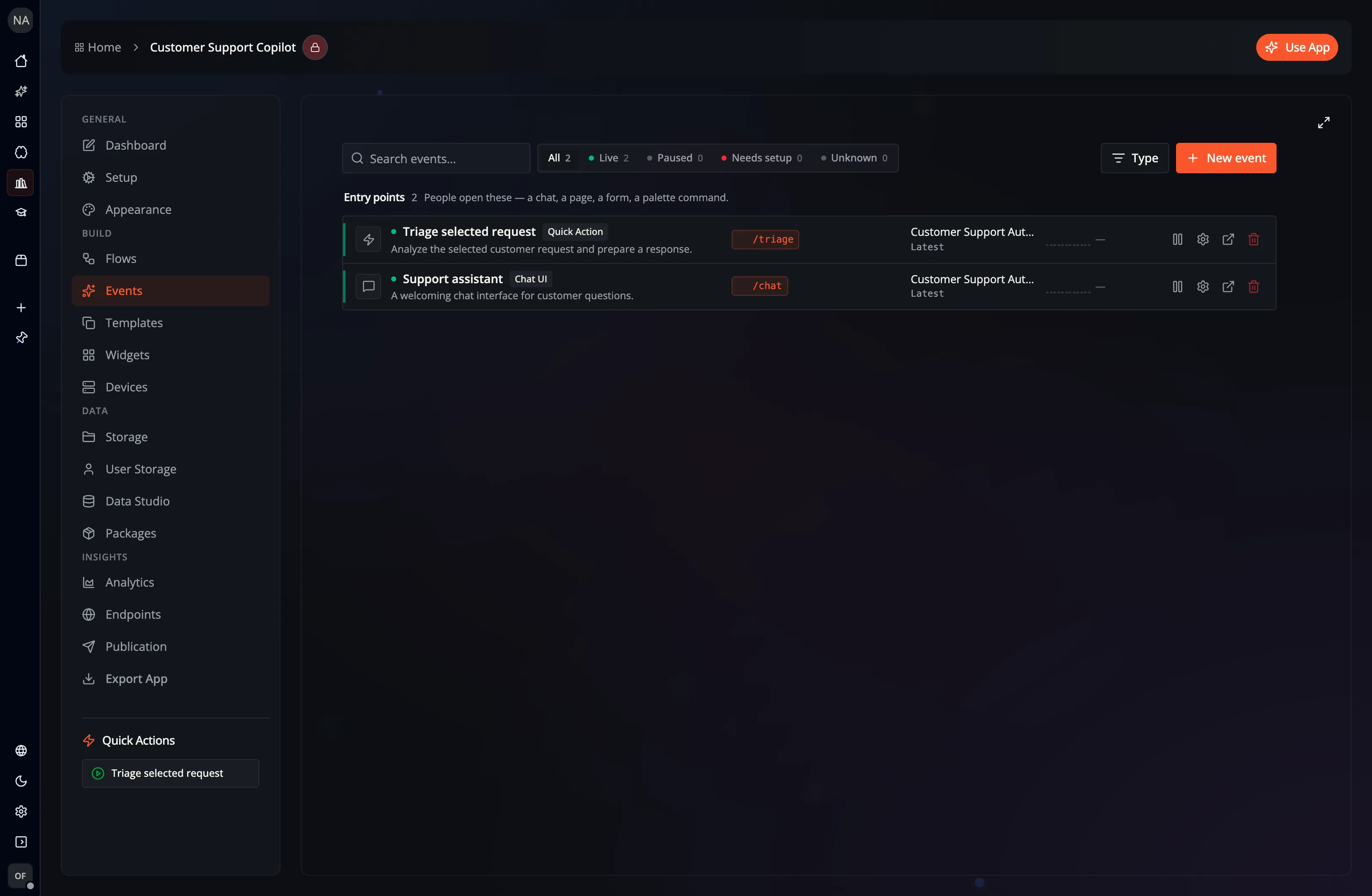 The Events workspace in Flow-Like Desktop, showing route badges for UI Events