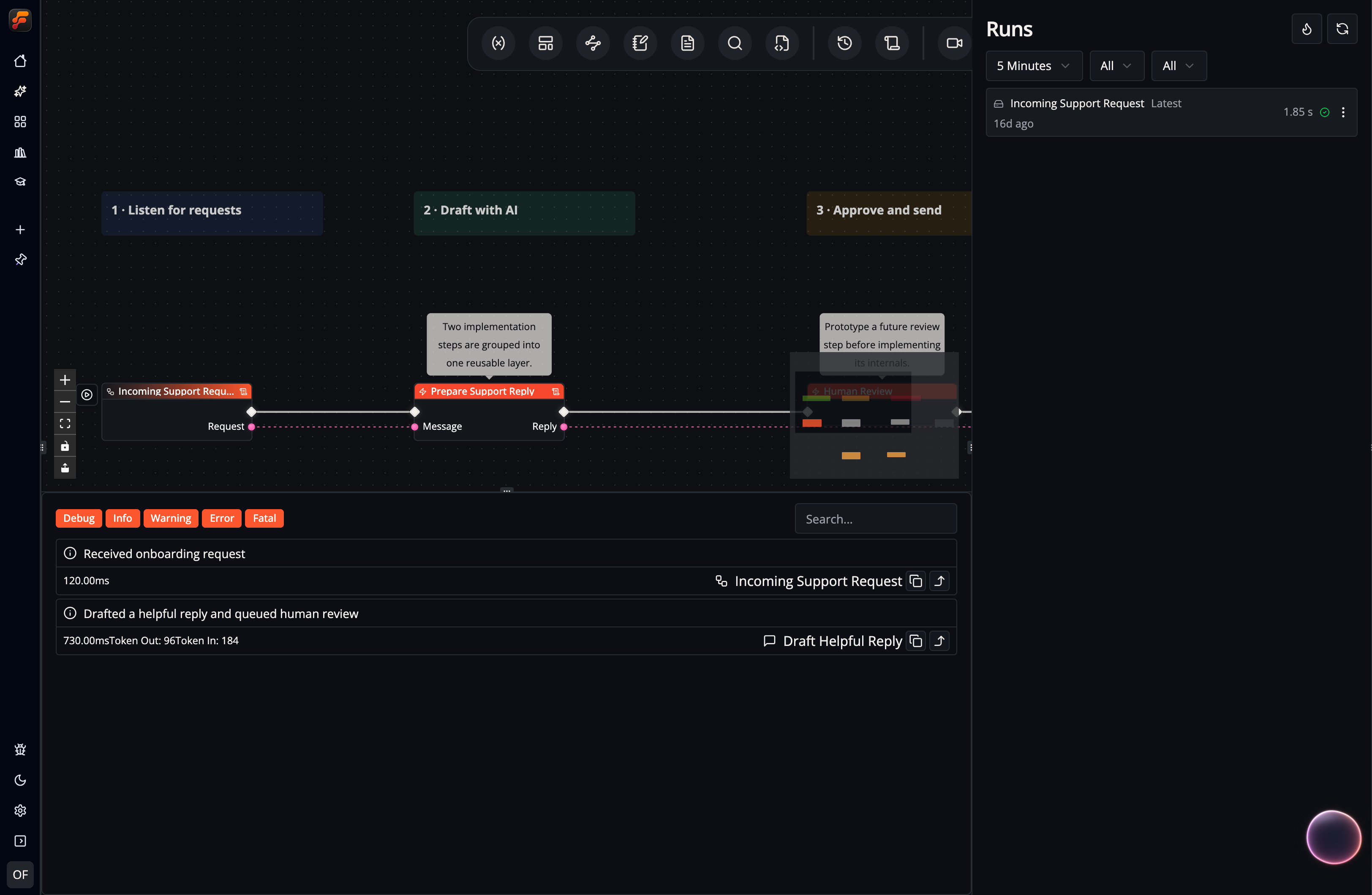 A screenshot of Flow-Like Studio showing previous runs and logs of a workflow