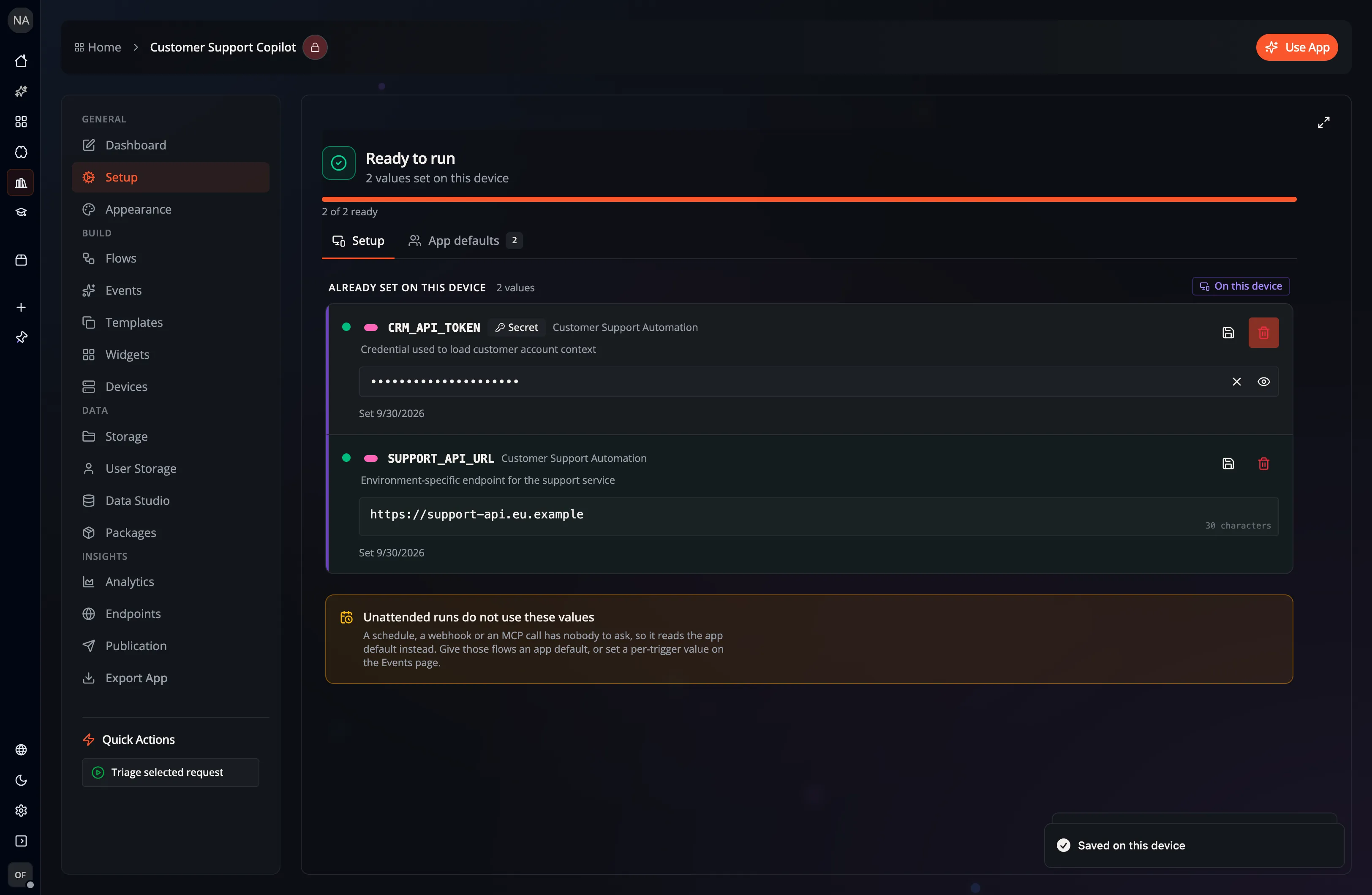 The Setup screen in Flow-Like Desktop, showing a configured local endpoint and a masked secret