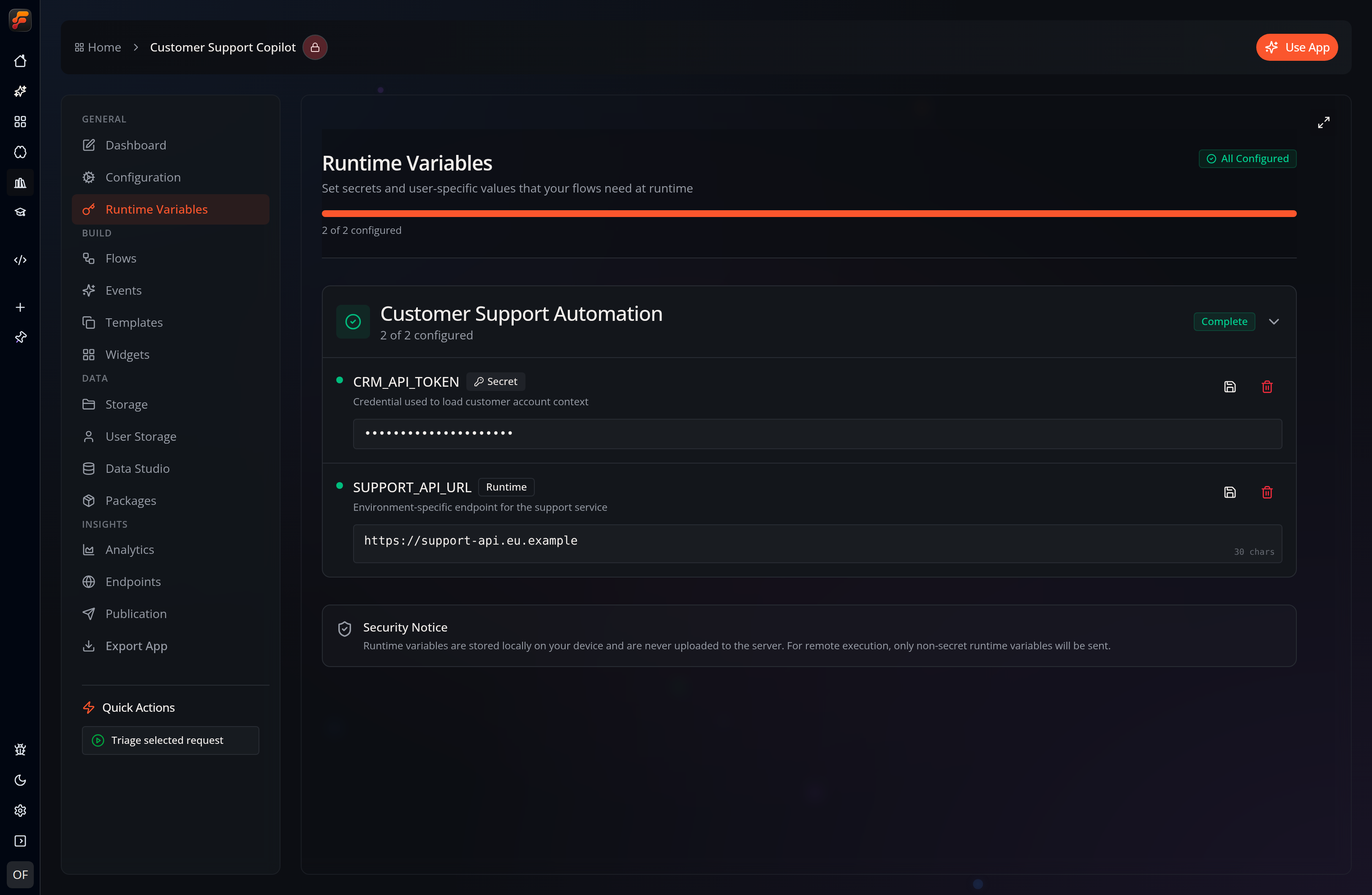 The Runtime Variables workspace in Flow-Like Desktop, showing a configured local endpoint and a masked secret