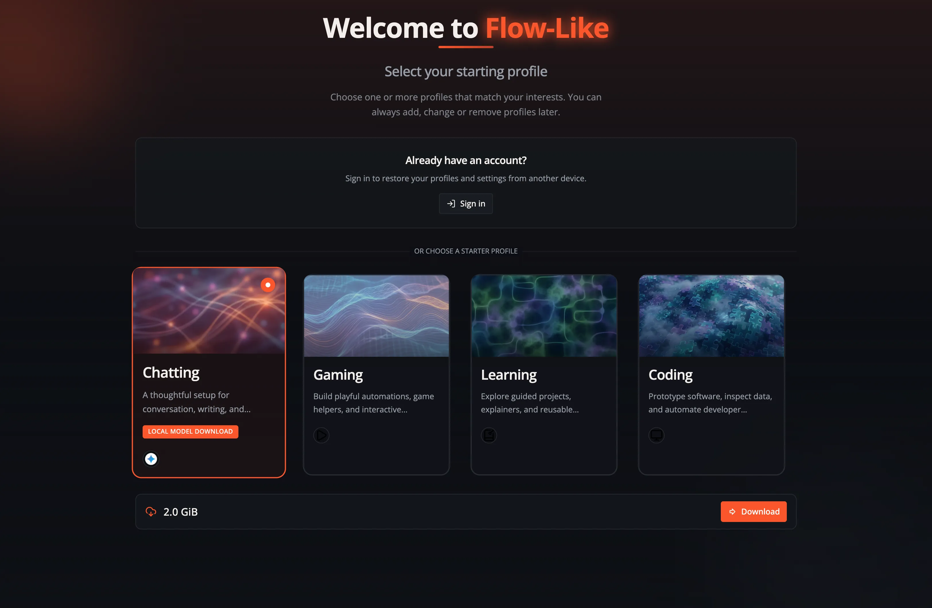 A screenshot of Flow-Like Desktop showing how to select a profile for the first time