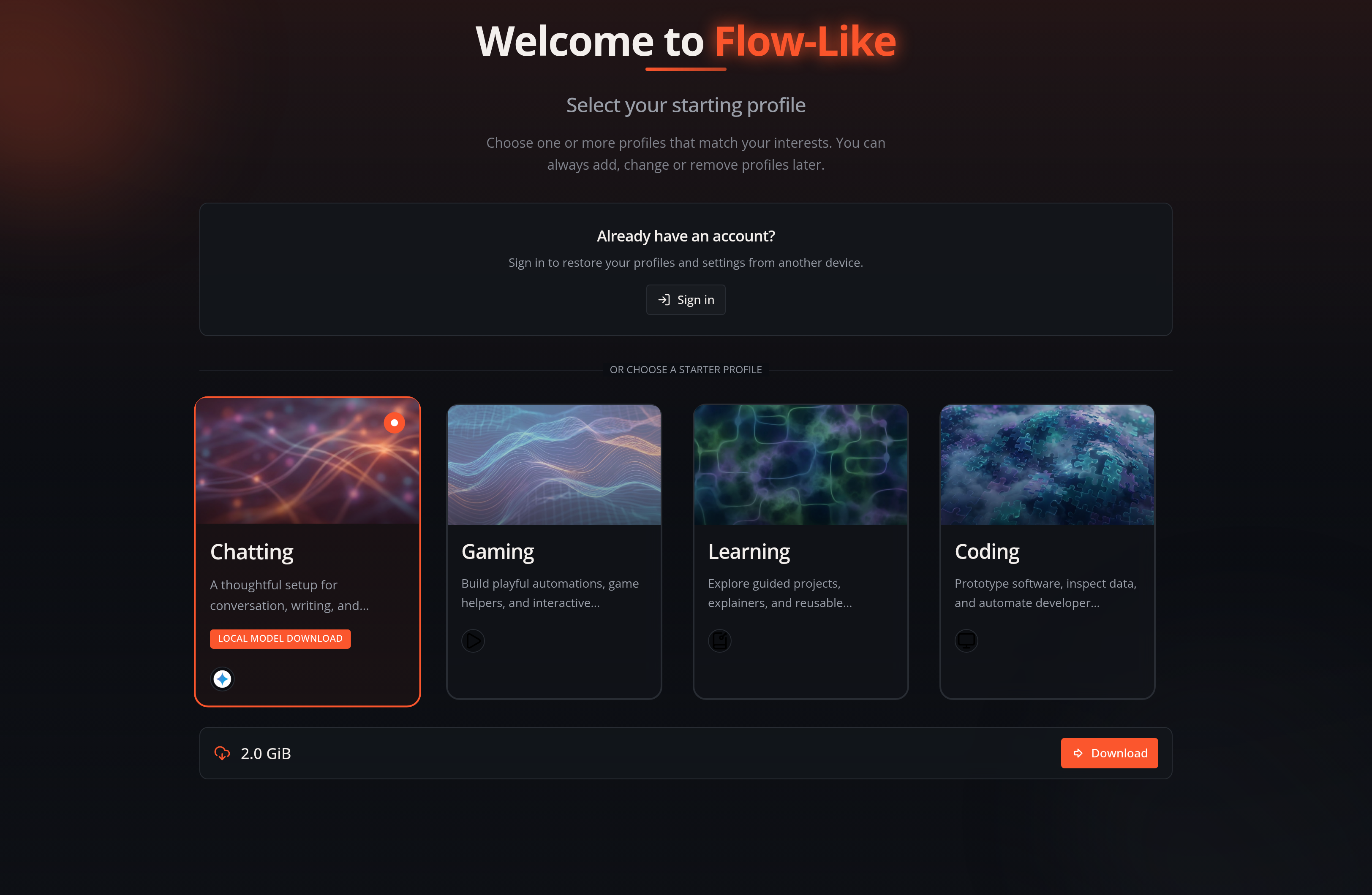 A screenshot of Flow-Like Desktop showing how to select a profile for the first time