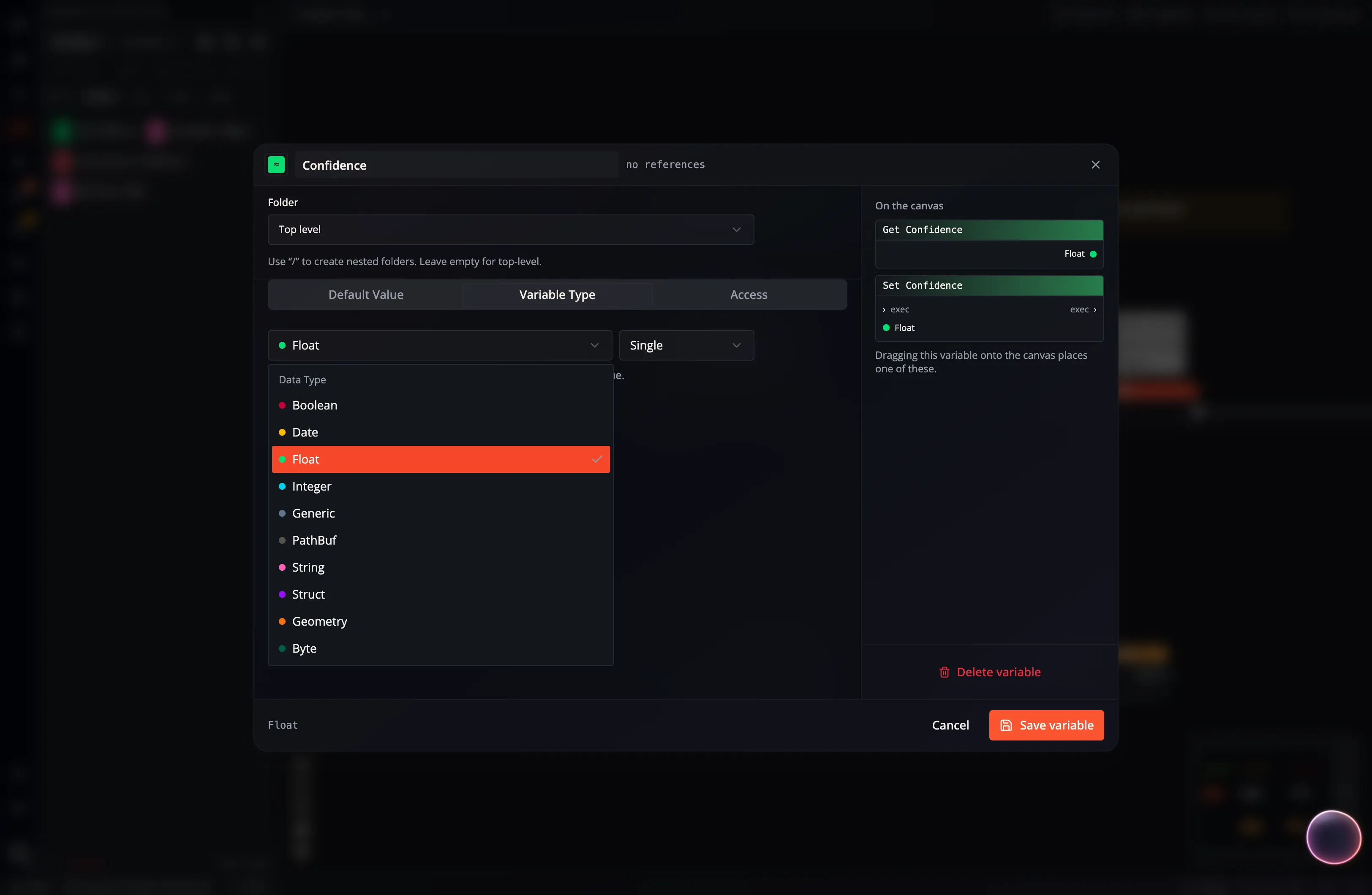 A screenshot showing how to set the type of a variable