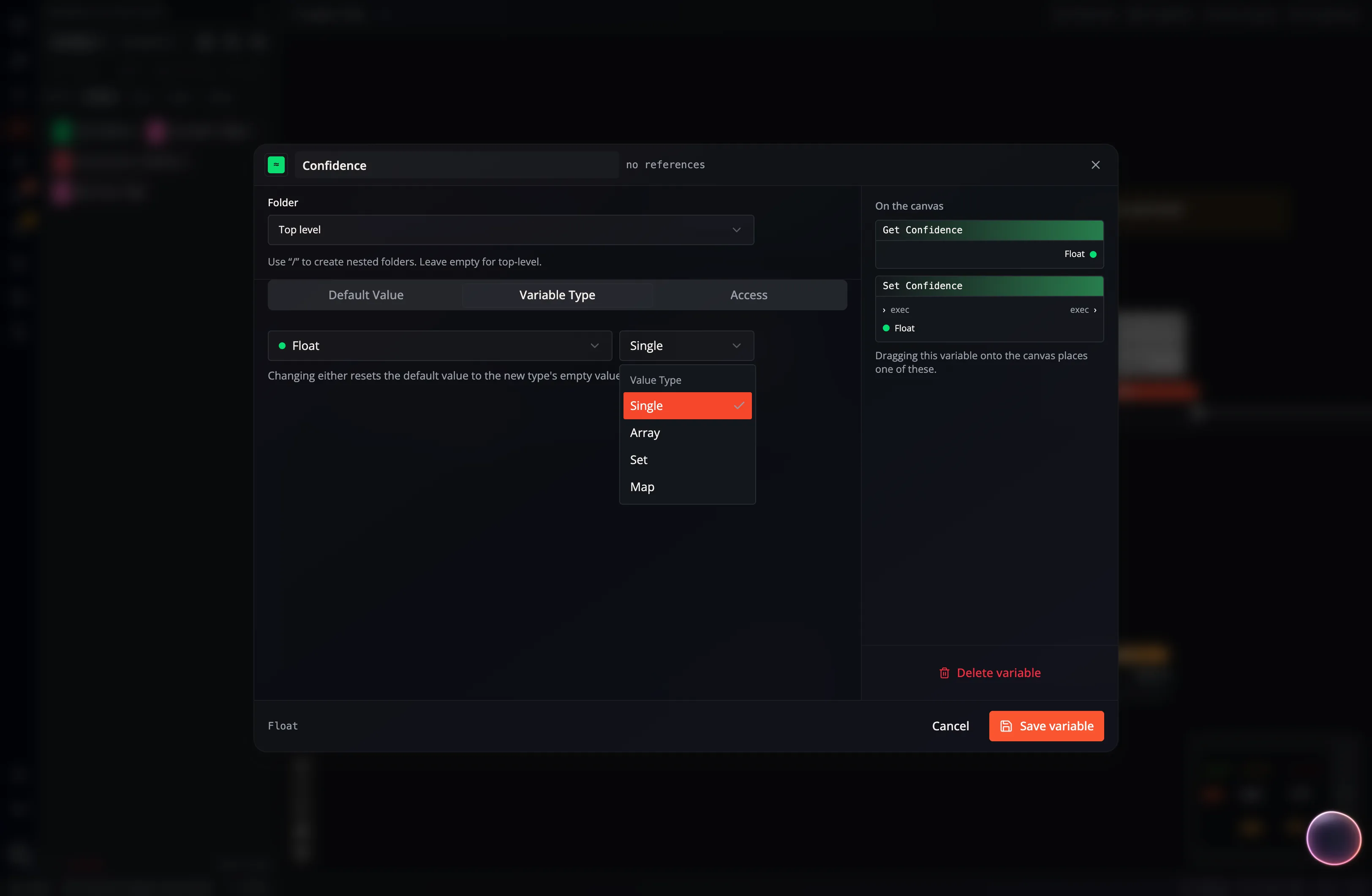 The Variable Type tab with Single, Array, Set, and Map choices