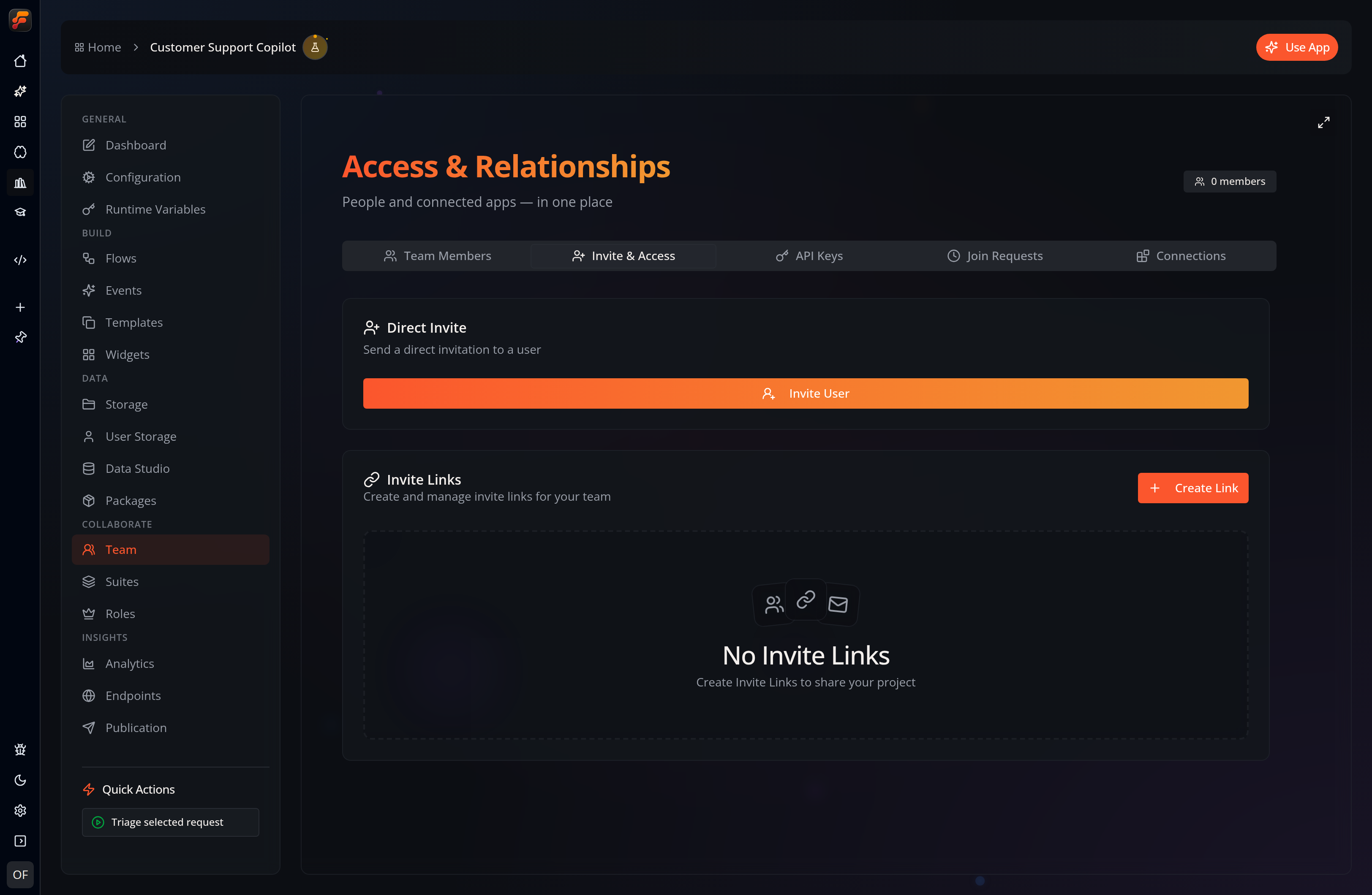 The Invite and Access tab on the Access and Relationships page in Flow-Like Desktop