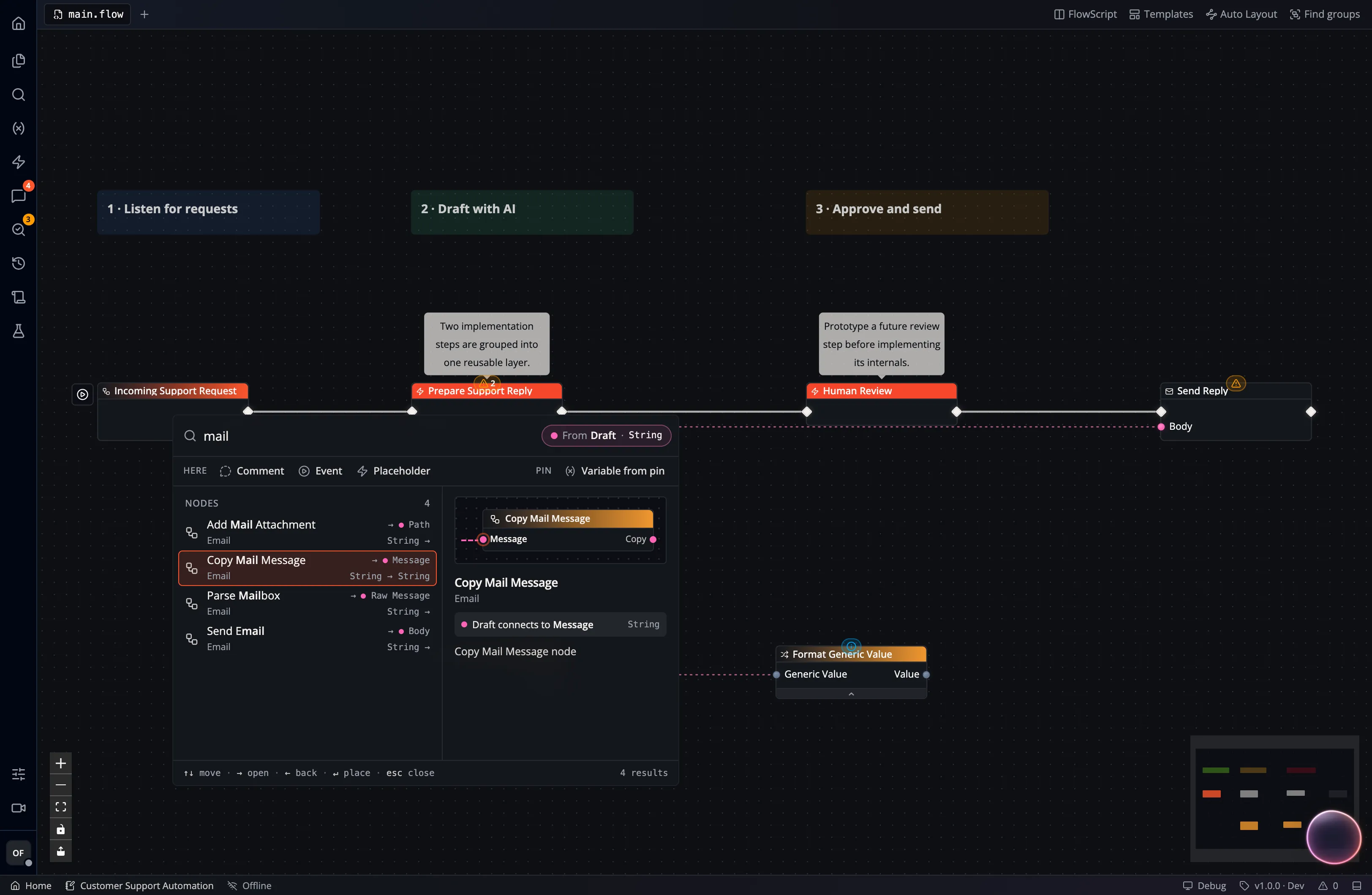 A screenshot showing how the node catalog is reduced to the set of nodes that can actually be connected to the selected pin
