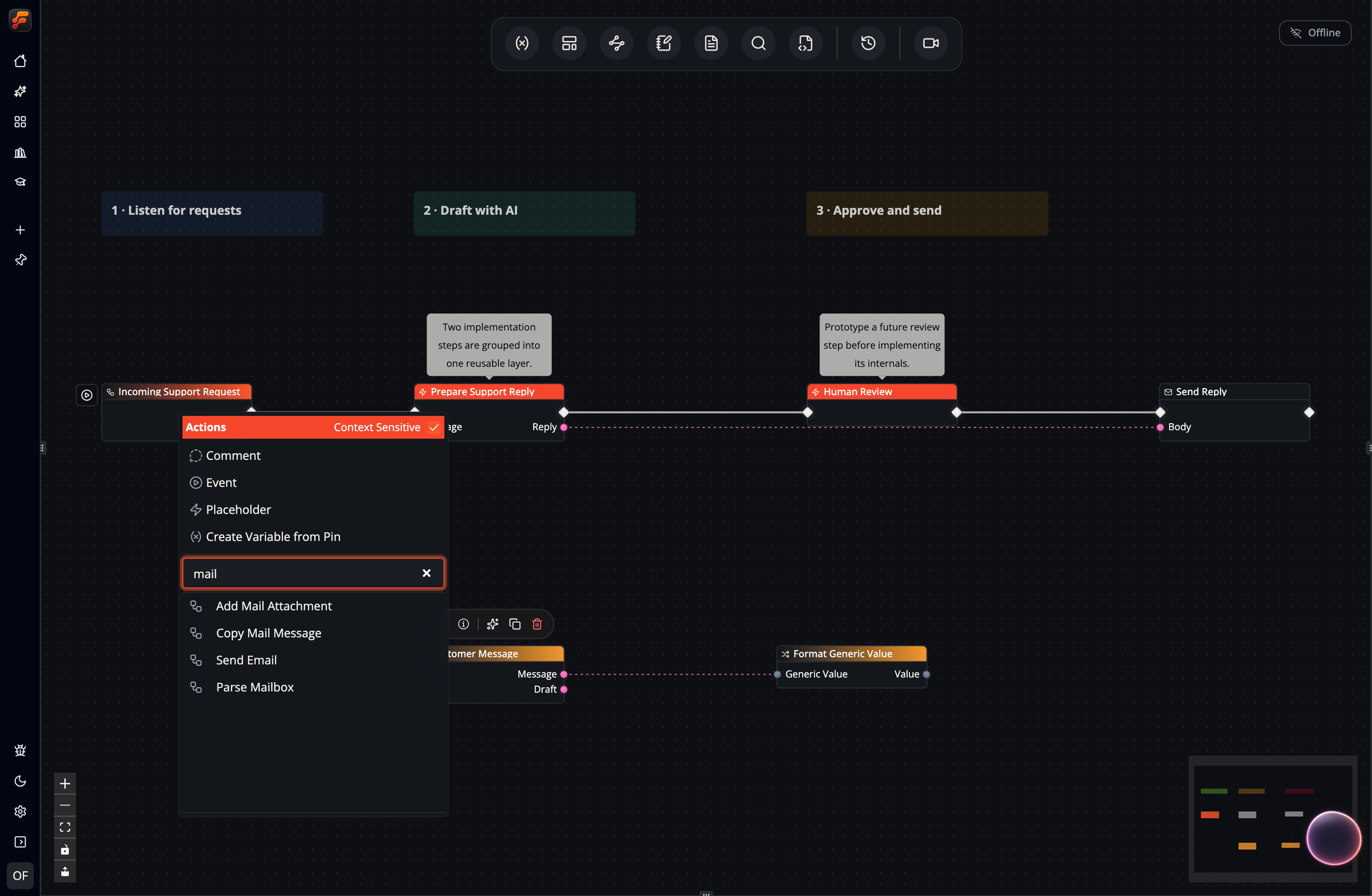 A screenshot showing how the node catalog is reduced to the set of nodes that can actually be connected to the selected pin