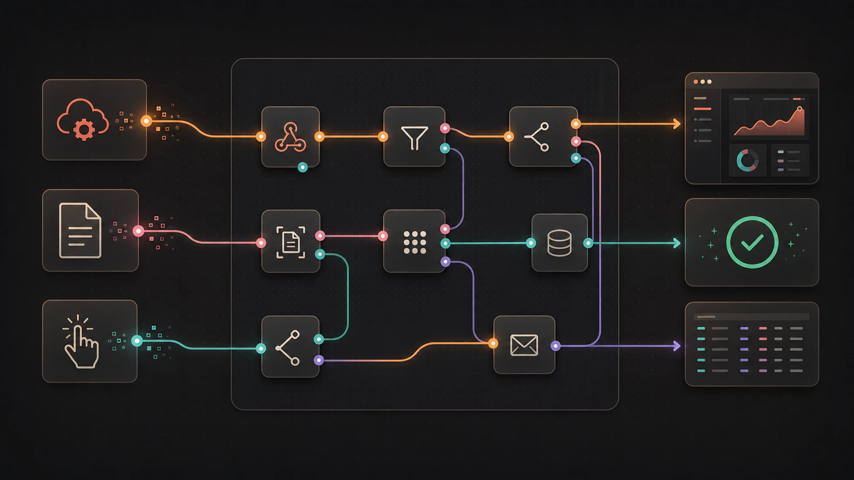 Conceptual overview of inputs moving through a typed Flow-Like workflow into application, automation, and structured-data outcomes