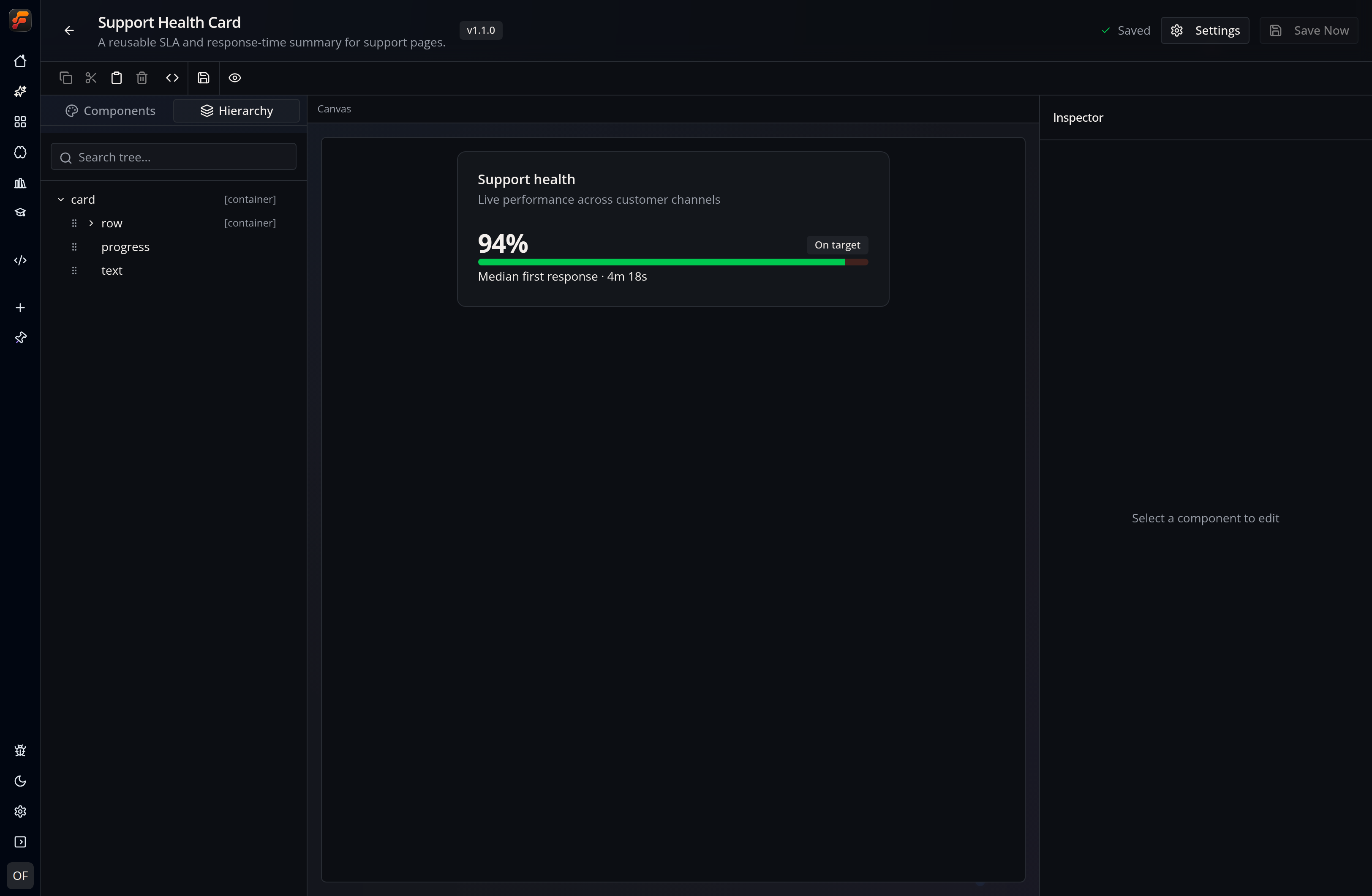 A reusable support health card in Flow-Like's visual Widget Builder