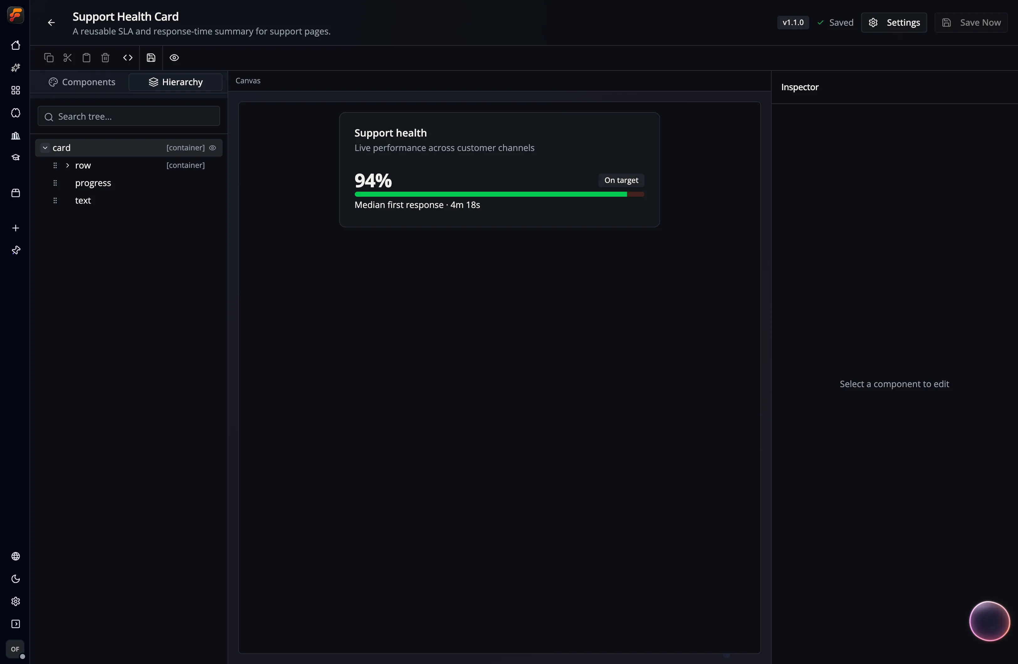 The visual Widget Builder in Flow-Like Desktop, showing the expanded hierarchy for a reusable support health card