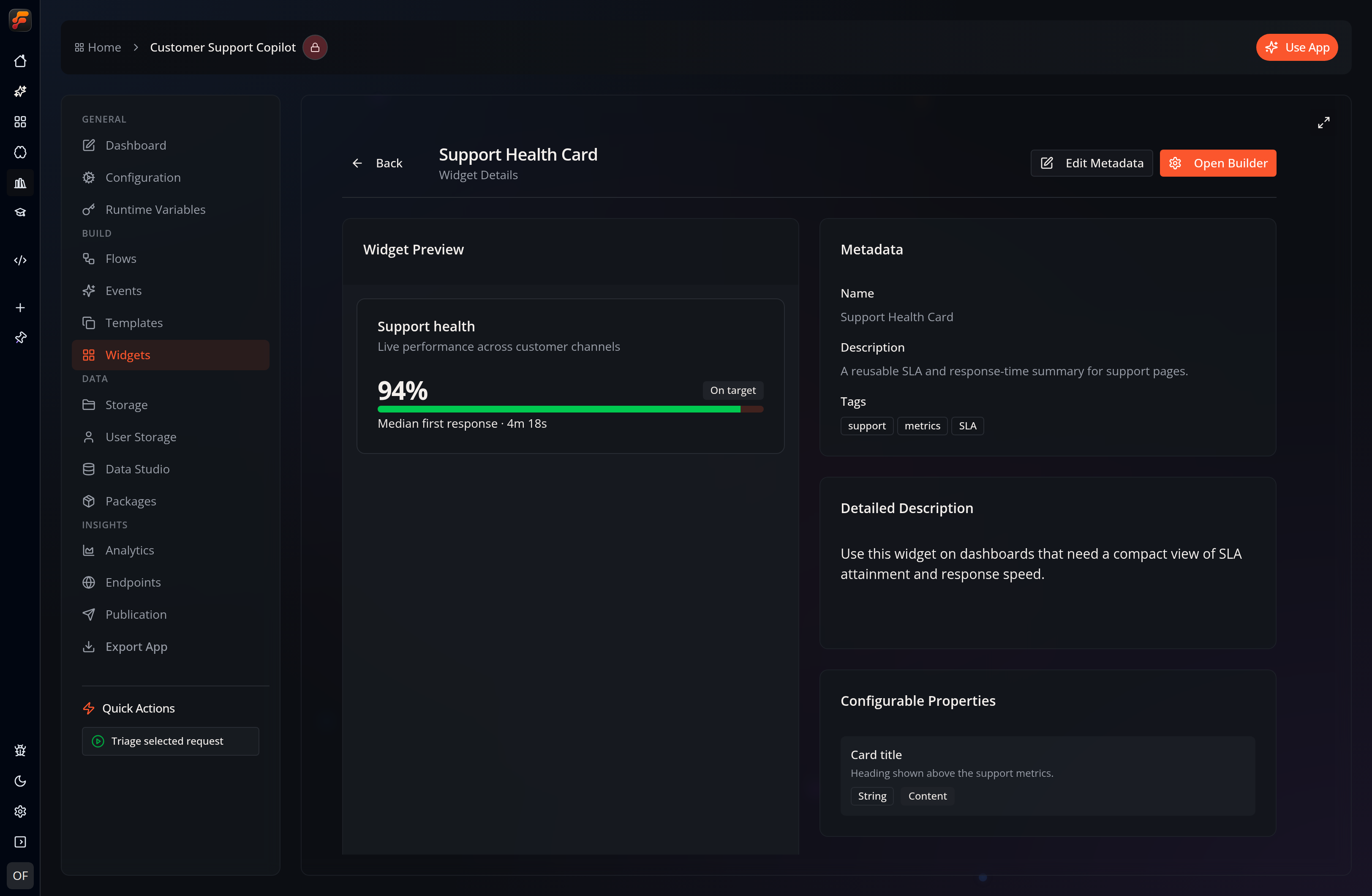 The Widgets workspace in Flow-Like Desktop, showing a rendered support health Widget and its metadata