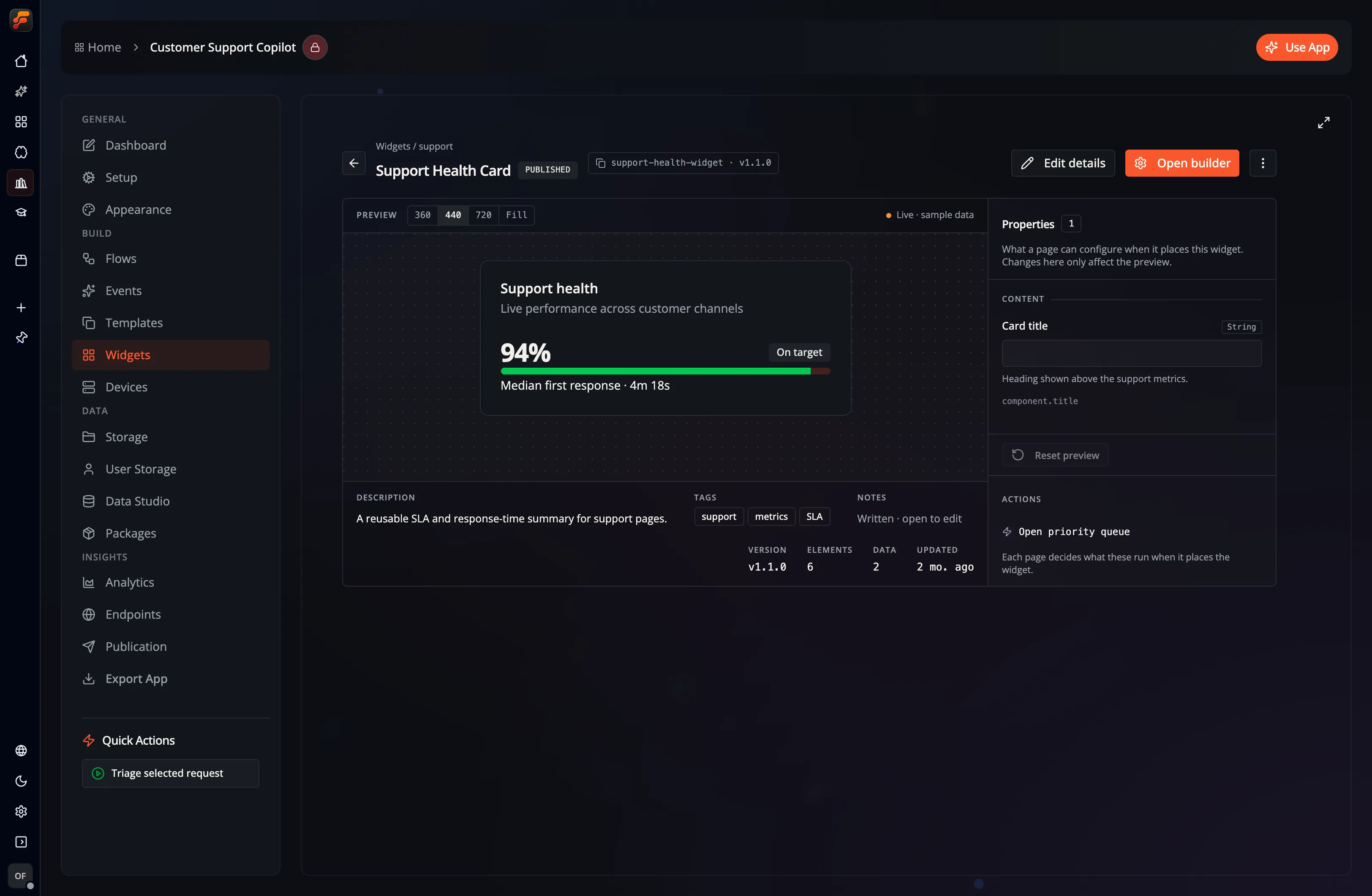 The Widgets workspace in Flow-Like Desktop, showing a rendered support health Widget and its metadata