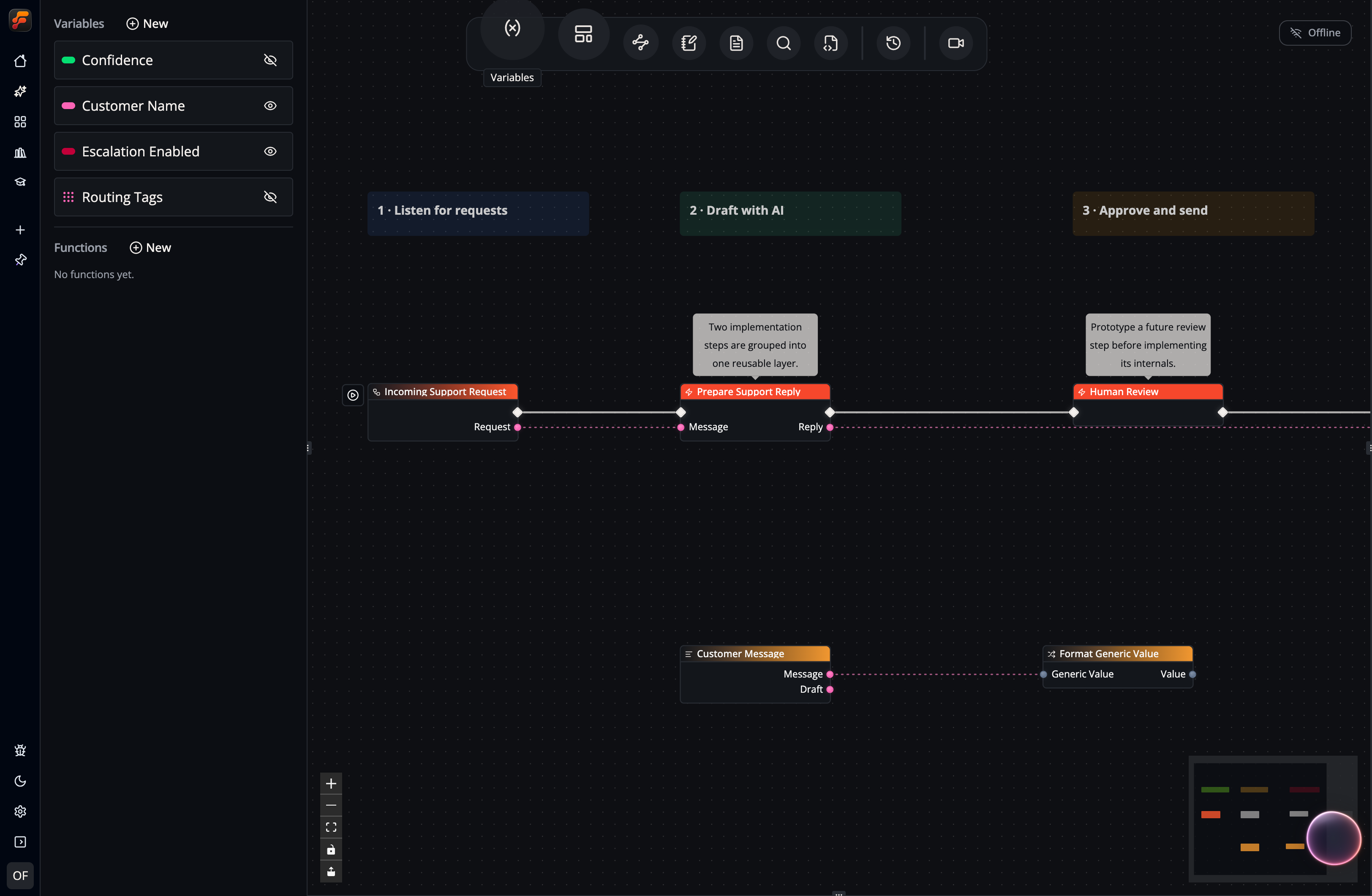 A screenshot showing how to manage variables in Flow-Like Desktop and integrate them in flows