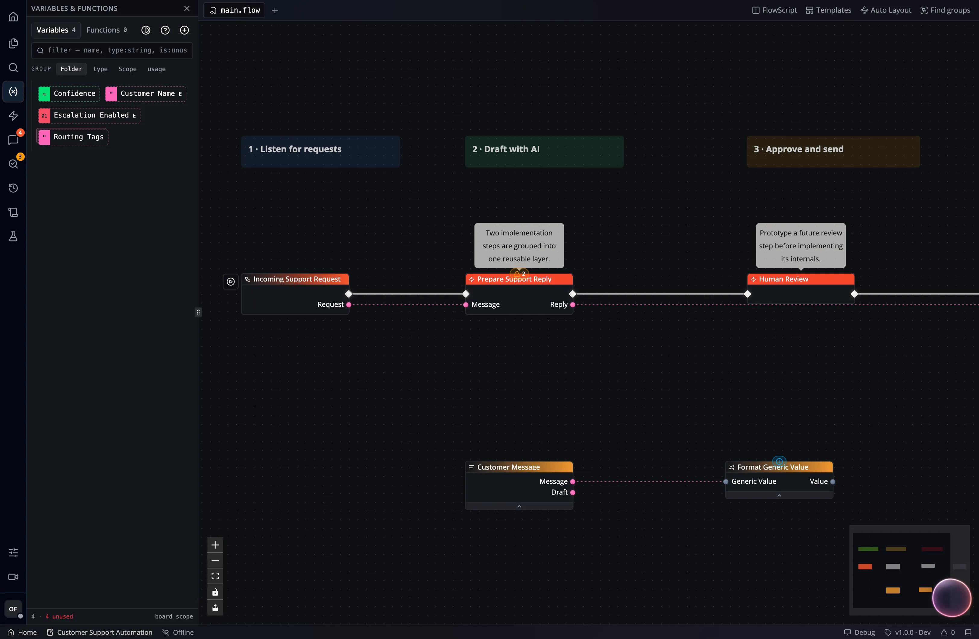 A screenshot showing how to manage variables in Flow-Like Desktop and integrate them in flows